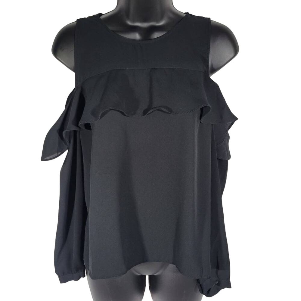 Banana Republic Petite Black Cold Shoulder Ruffle Blouse Top XS